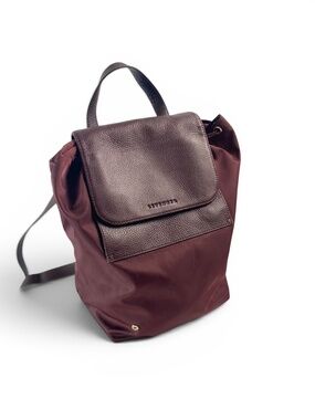 Levenger Burgundy Nylon Leather Backpack Drawstring Lightweight Travel Work Bag